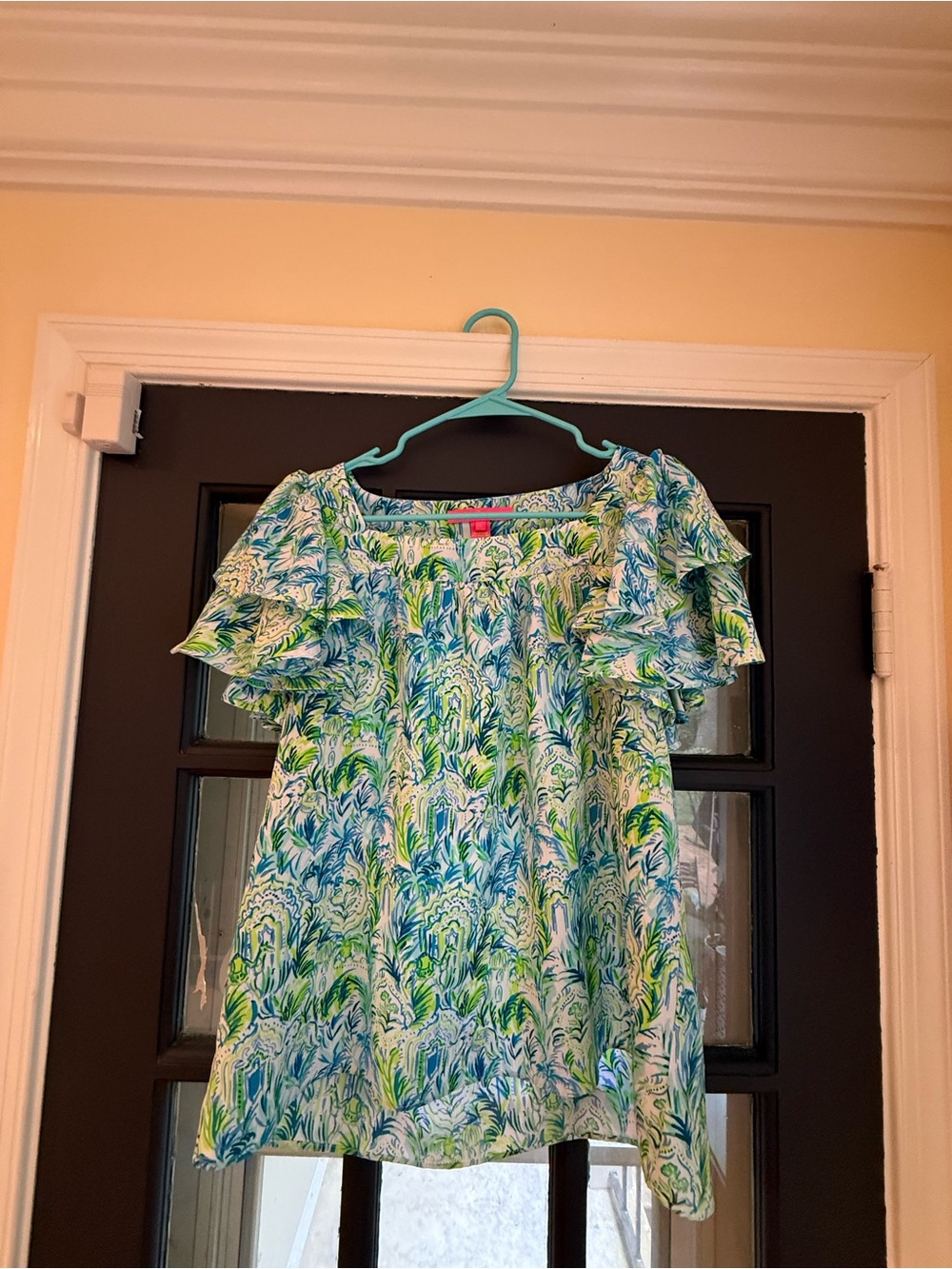 Lily Pulitzer Blue  & Green Floral Ruffle Sleeve Top Medium